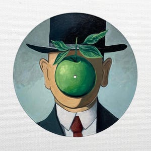 Disco de vinilo de 12" pintado a mano: El Hijo del Hombre, Decoración de pared, Decoración del hogar, René Magritte, Abstracto, Historia del arte, Regalo original, Manzana