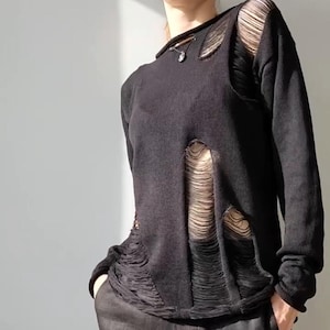 Distressed Boho Cotton  Sweater: Edgy Rave Festival Pullover, Edged knitting, black, grey, white S-XL