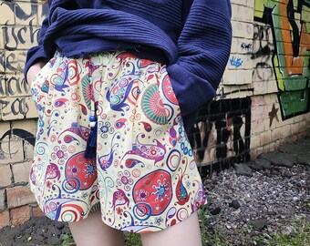 Spodenki bawełniane z nadrukiem psychodelicznym: luźne, damskie, z abstrakcyjnym wzorem, z elastyczną talią, rozmiar S, M, L