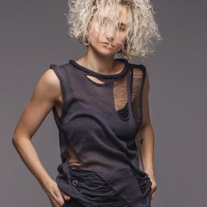 Boho Mesh Cotton Tunic – Sleeveless Distressed Knit Top – Grunge Festival Shirt – Sheer Summer Tank – Black Grey White Knitwear