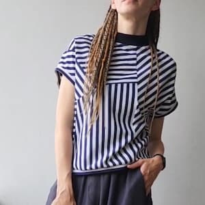 Breton Stripe Patchwork Tee: Asymmetric Cotton T-Shirt, blue white strypes, cotton jersey