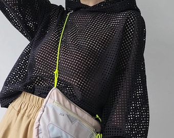 Black Cotton Mesh Hoodie – Sheer Goth Festival Rave Top