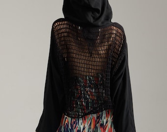Black Mesh Summer shirt–Oversized Fishnet Cotton hoodie–Sheer Festival Top–Breathable Goth sweatshirt–Unisex white black blue summer CoverUp