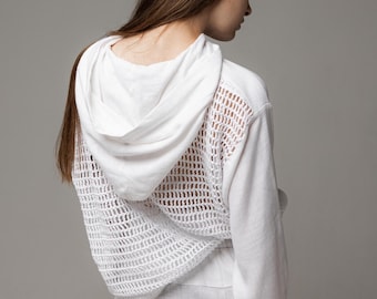 White Mesh Summer Shirt – Oversized Fishnet Cotton Hoodie – Sheer Festival Top – Breathable Unisex Cotton Cover-Up – Handmade Crochet Back