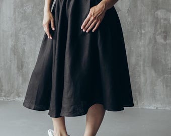 Black linen skirt-Elastic waist skirt-Half circle linen skirt-Midi summer basic skirt-Half-circle skirt with pockets–Casual breathable linen