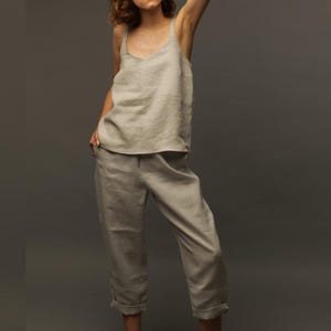 Light Grey Linen Pants Set: Crop Top & Banana Trousers - Relaxed Summer Outfit