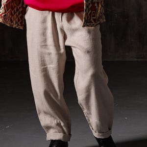 Men’s Linen Pants – Loose Summer Trousers – Lightweight Beach Pants – Boho Minimalist Style – Elastic Waist – Black / Grey / Ink / Natural