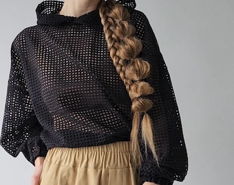 Black Mesh Summer Hoodie – Short Fishnet Cotton Hoodie with Deep Hood – Sheer Festival Top – Breathable Goth Hoodie – Unisex Rave Cover Up