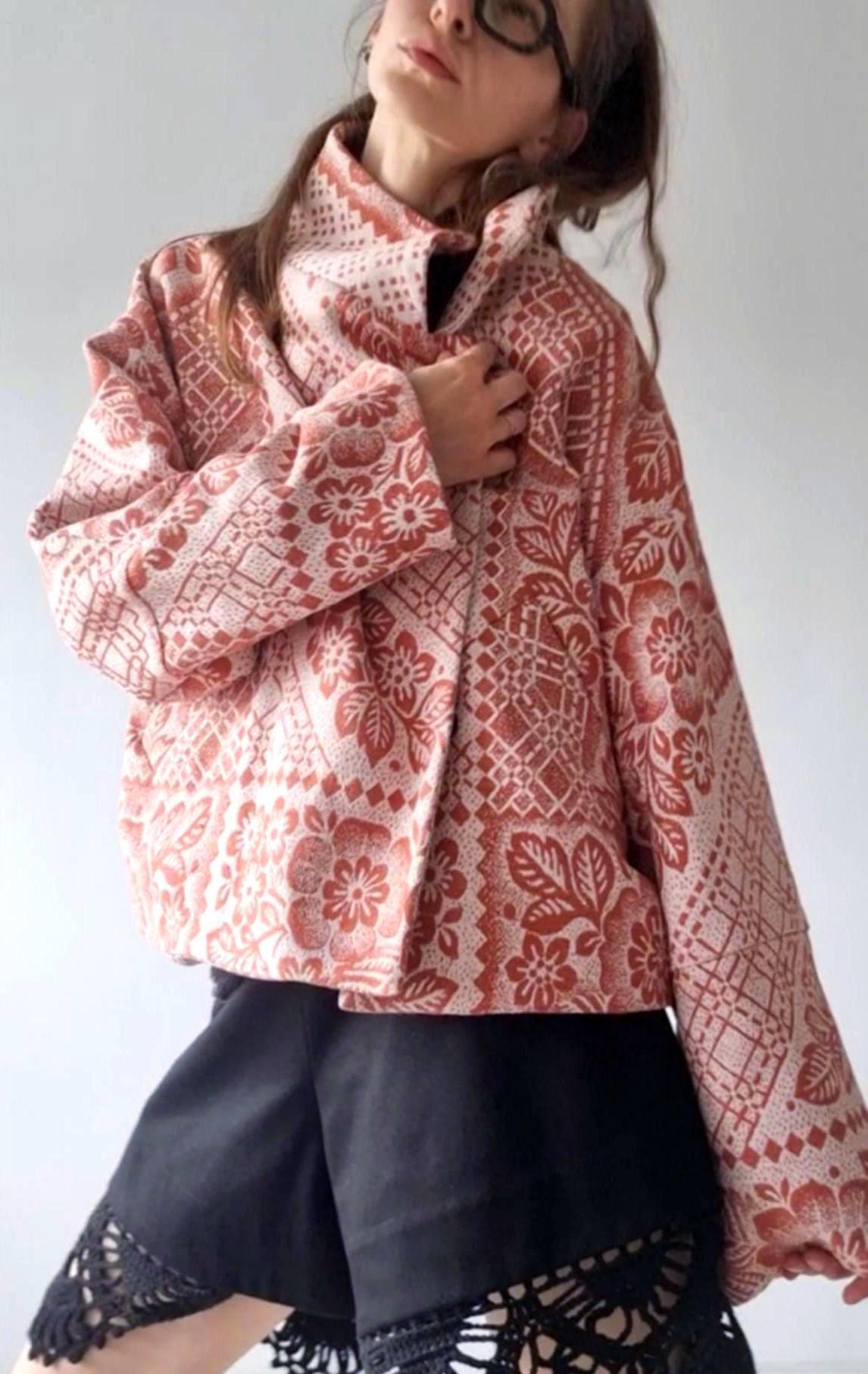 Summer Cotton Coat Jacket in Vintage Jacquard with Floral Ethnic Print – Minimalist Design – Unique Women’s Blazer – 1 Piece M/L Oversize