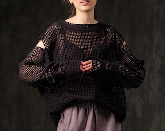 Black Mesh Summer shirt– Oversized Fishnet Cotton tunic – Sheer Festival Top – Breathable Goth sweatshirt– Unisex white black Rave Cover Up