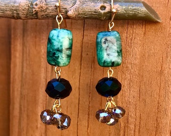 Green Jasper Dangle Earrings, Crystal Earrings,Drop Earrings, Semi Precious Stone, Green Black Gold Crystal Jewelry, Boho Jewelry