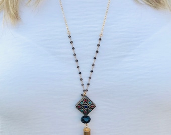 Turquoise Coral Tibetan Bead Necklace: Long Red Tassel, Boho Jewelry
