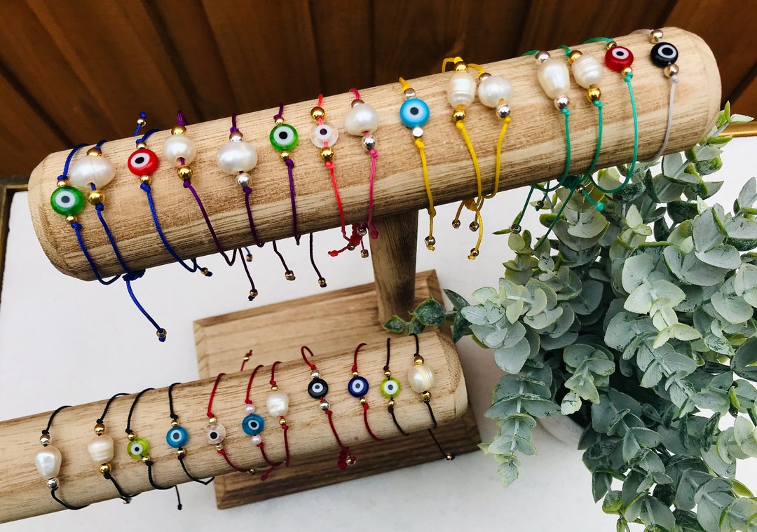Jewel String Evil Eye Pearl Bracelet: Adjustable Cord String Bracelet - Etsy