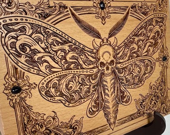 Death’s Head Moth Wall Art Engraved in Wood – Gothic Occult Decor with Sandstone Inlays macabre decor