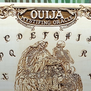 Gothic Ouija board with skulls wooden engraved with vintage Ouija design, love beyond death spirit board with memento mori planchette.