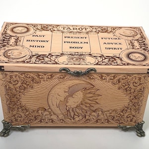 Customizable Tarot and Oracle Deck Organizer for multiple decks 12 slots  engraved in solid wood with tarot card the Moon and the Sun
