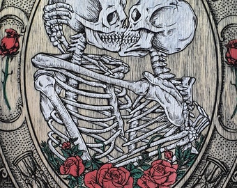 Lámina artística personalizada de pareja de esqueletos: "Hasta que la muerte nos separe" - Regalo gótico para boda o aniversario - Personalizado