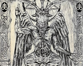 木に刻まれたバフォメットの壁画、悪魔の祭壇の装飾、ルシファーの祭壇の寺院