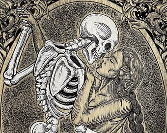 Danse macabre Dancing with death gothic wall decor Skeleton art, Wood engraving, Not a print. skeleton art decor gothic