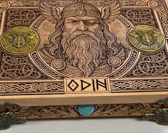 Odin Viking Altar Box • Norse God Engraved Wooden Chest • Celtic Jewelry Box • Pagan Decor ,Gift for Him