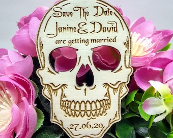 Imán para guardar la fecha con forma de calavera gótica, anuncio de boda de madera, decoración alternativa elegante y oscura para boda, juego de 10, boda de Halloween.