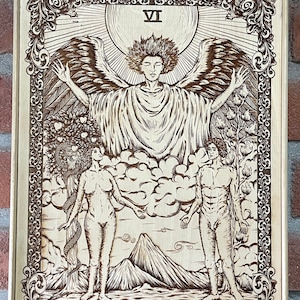 Tarot The Lovers gegraveerd op hout Wall Art, Vintage Look wand decor Tarot Card Art Wall Decor, decoratieve wand decor