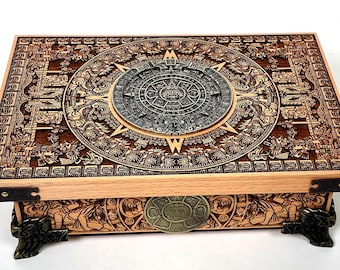Aztec Calendar Wooden Storage Box with Metal Sun Dial – Mesoamerican Ritual Box, Altar Keepsake Chest, Mythology Gift Decor
