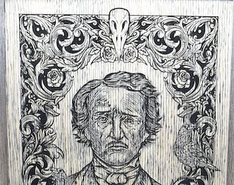 Edgar Allan Poe decor portrait wooden engraving,Allan poe decor,Allan poe art ,wood gothic Poe portrait with nevermore ravens and signature