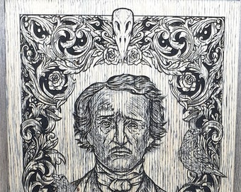 Edgar Allan Poe decoración retrato grabado en madera, decoración de Allan poe, arte de Allan poe, retrato gótico de madera de Poe con nunca más cuervos y firma