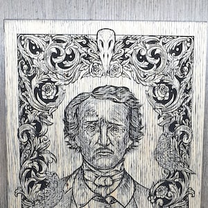 Edgar Allan Poe decor portrait wooden engraving,Allan poe decor,Allan poe art ,wood gothic Poe portrait with nevermore ravens and signature