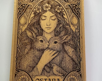 Ostara Wiccan Wall Art Engraved on Wood | Pagan Spring Goddess Decor | Handmade Wooden Wall Panel