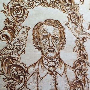 Ouija with Edgar Allan Poe portrait wooden engraving, wooden gothic talking spirit board raven planchette séance decor Nevermore decor