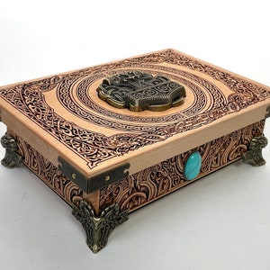 Mjolnir Unique Norse Viking Altar Jewelry Box, Solid Wood runes box ,Keepsake Viking Jewelry Box, made of Wood with Engraved Vegvisir, Thor
