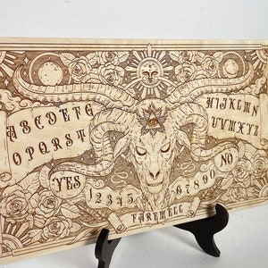 Celestial wooden Ouija board, engraved  with roses skull and sun, planchette for spiritualism, wiccan handmade positive pagan spirit board