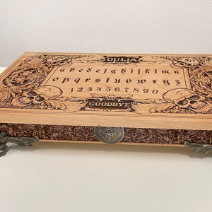 Luxury Ouija board box with demons and skulls wooden engraving, wood gothic skull spirit board two in one  box, tarot box with Ouija board.