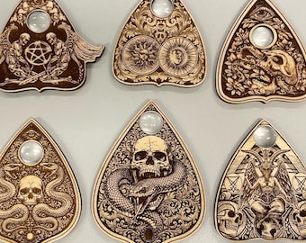 Juego de planchette para tablero Ouija, puntero de madera para tablero de espíritus, ocultismo gótico, herramienta de adivinación para brujería, calavera, serpiente y Baphomet grabados