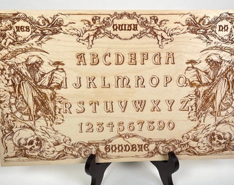 Ouija board wooden with planchette  , Gothic wood memento mori talking  board with planchette, creepy Ouiji board