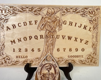 Ouija board with planchette carved in wood , spooky spirit Board death playing violin vintage style