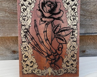 Gothic Memento Mori Decor, Skeleton Hand Holding Rose Wall Art – Hand Painted Engraved Wooden Wall Hanging