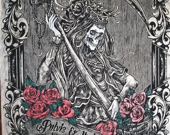 Grim reaper gothic home decor engraved on wood wall art , Memento mori macabre art, skeleton art Pulvis et umbra sumus.