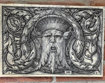 Medieval woodcut Green man old design  engraving wall decor, vintage design gothic wall art, wood engraving Not a print.