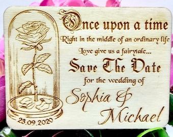 Save the date ,wooden magnet with Disney beauty and the beast design, SET OF 10 elegant fairytale wedding floral magnet wedding invitations.