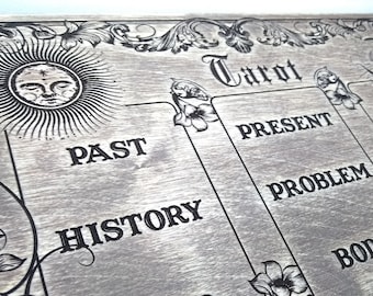 May include: A wooden tarot board with a grey background and black lettering. The board is divided into nine sections, each with a different label. The labels are: Past, History, Mind, Present, Problem, Body, Future, Advice, and Spirit.
