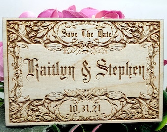 Save The Date magnet with Unique gothic frame design, wooden save the date floral magnet SET OF 10 Halloween magnet, gothic save the date.