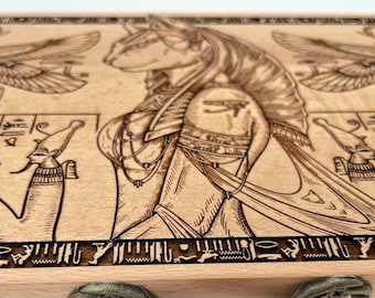 Egyptian Altar table with storage Tarot deck holder ,Egyptian hieroglyphs and goddess Bastet
