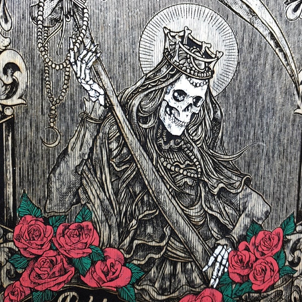 Art de décoration gothique de Santa Muerte gravé sur bois, Dia de los Muertos, Pulvis et umbra sumus, Santa Muerte, art gothique.