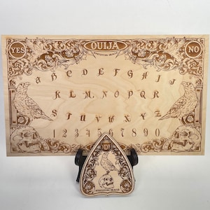 Original Ravens wooden Ouija board with planchette for seance medium, spirit board game engraved on wood ,divination , esotericism