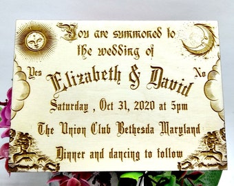 Invitación de boda de madera inspirada en la Ouija, alternativa gótica y ocultista, invitación de boda de Halloween de madera grabada personalizada (juego de 5)