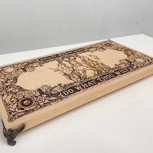 Engraved Beech Altar Table: Hecate Offering, Triple Moon Goddess, Crystal Holder
