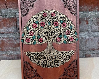Art Nouveau Tree of Life Wall Art | Victorian Floral Wooden Panel Hand Painted | Romantic Botanical Decor